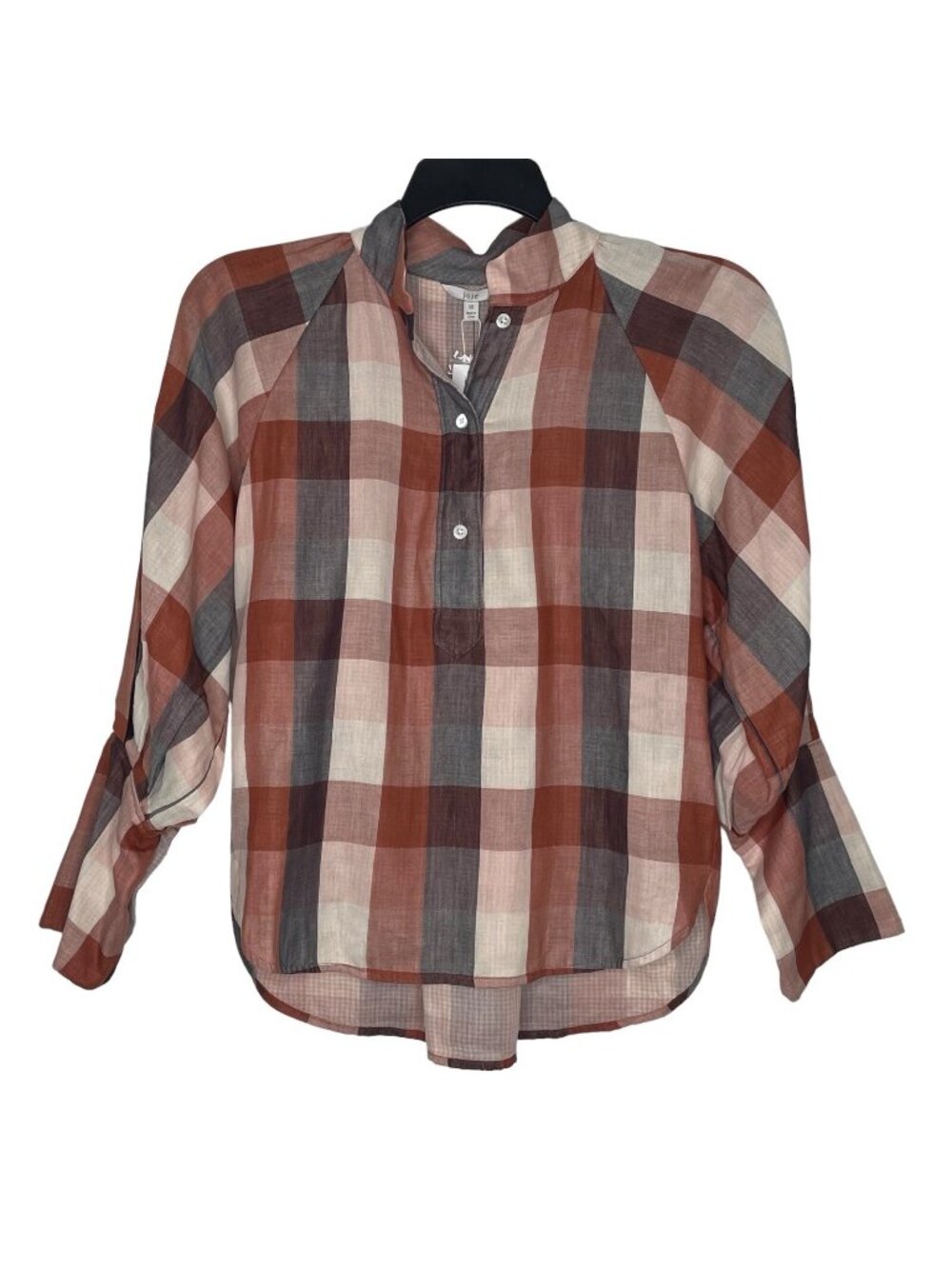 Joie Plaid Blouse XS Oversized Puffy Sleeve Button Front Cotton NWT